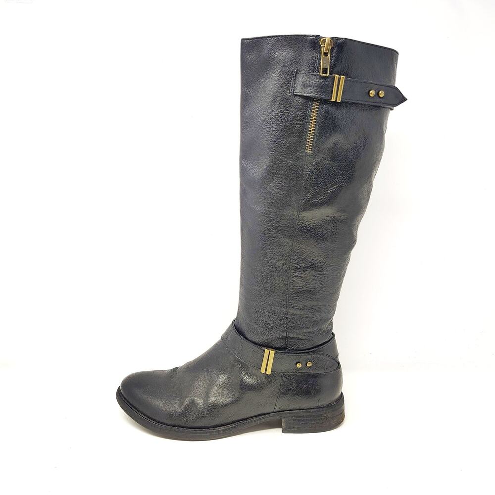 Steve Madden Womens 9 Boots Alyy Black Leather Zip Up Knee High Riding Goth Emo